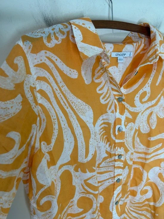 CHICO’S 100% Linen Orange White 3/4 Sleeve Button Front Blouse Size 2 US 12 - Picture 5 of 13